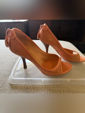 Giuseppe Zanotti Orange Suede Peep-Toe Stiletto Heels with Back Tassel Accent